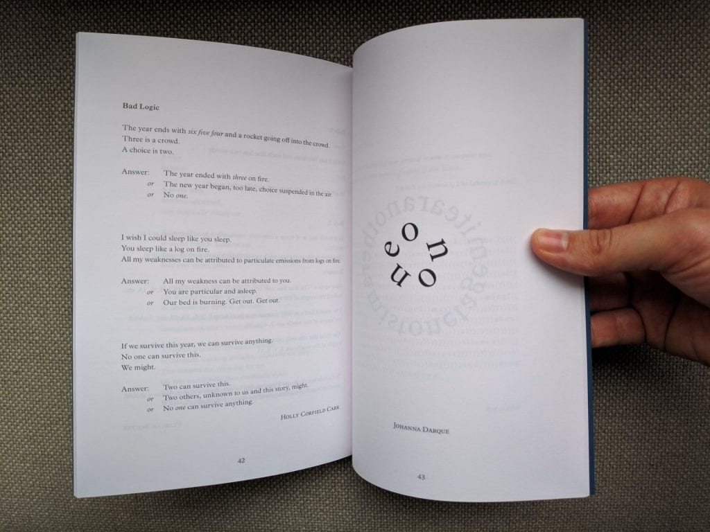 A preview inside the "Maths Poems" anthology. one page displays a poem formated in a problem and answer format, the opposite page shows 5 letters arranged in a circle.