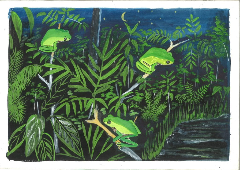 an example of an animation frame showing 3 painted frogs on sticks above the amazon river at night.