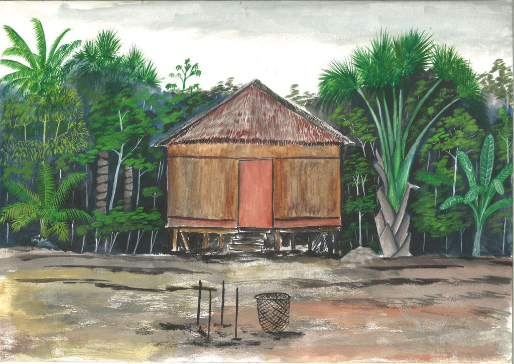 An example of a painted animation frame depicting a thatched hut on stilts at the edge of a jungle.