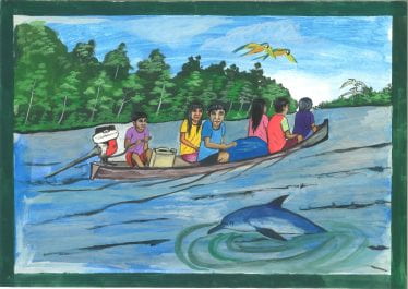 An example of a painted animation frame depicting 6 individuals riding in a canoe on the amazon river with two parrots flying overhead.