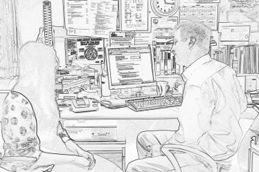 An image of a patient sitting with a GP at a GP consultation in a GP office. The image has been put through a filter to obscure identity.