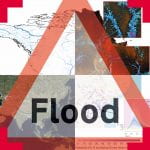 A red triangluar road sign to indicate flooding overlaid with images of flooding maps