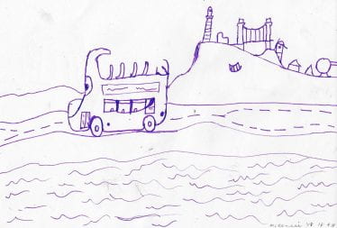 Childs purple drawing of a bus with city in the background.