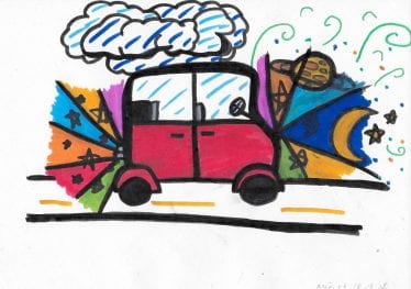 childs illustration of a red bus