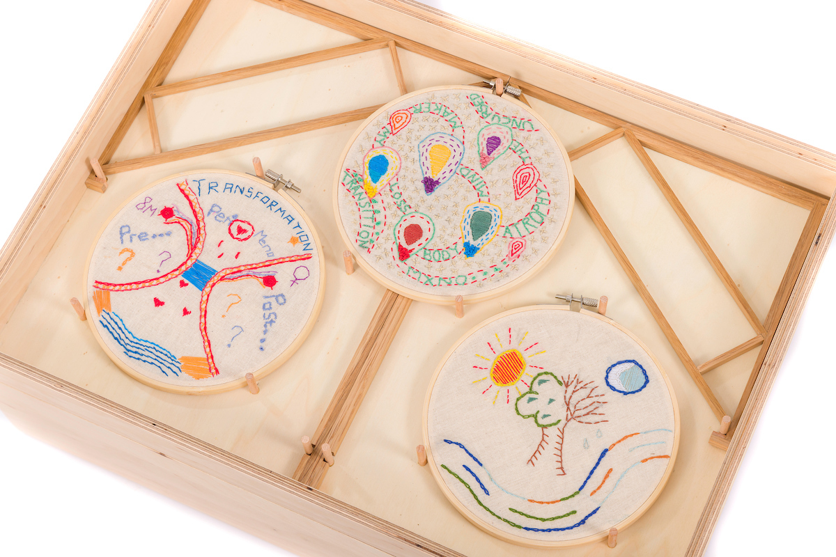 embroidery work in hoops including the depiction of a tree sun and moon