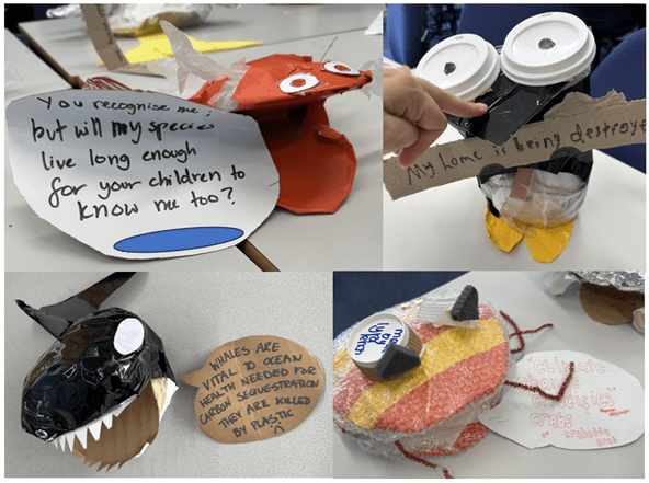 A selection of some of the sea creature puppets made by the students, and their messages.